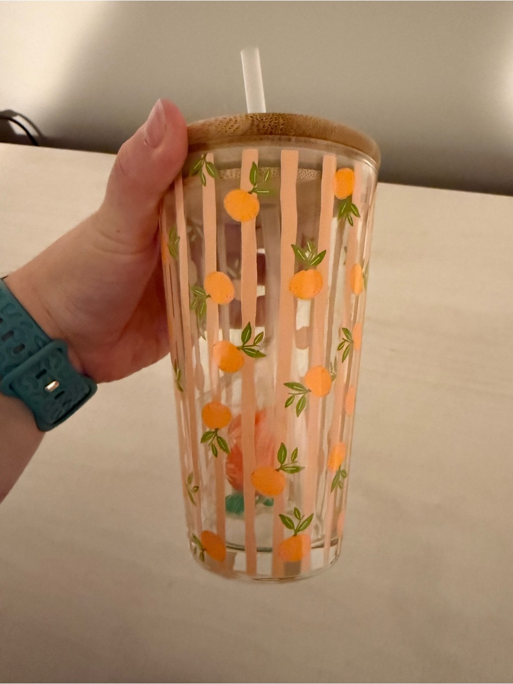 Bamboo Lid Peach Patterned Acrylic Tumbler with Straw - Peach